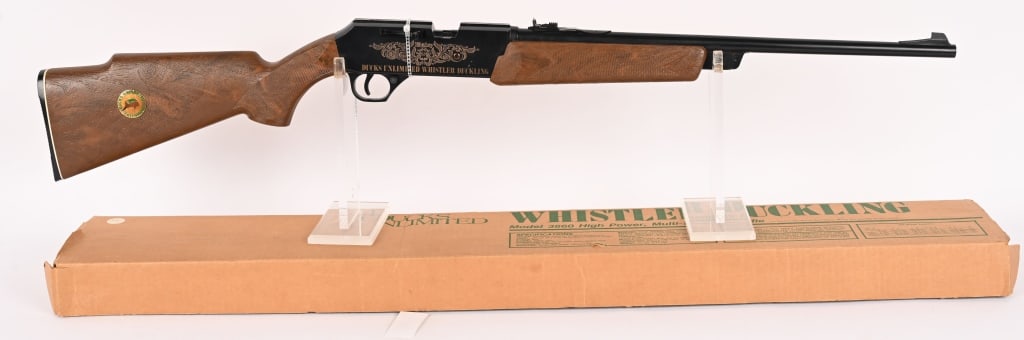 DAISY POWERLINE 860 DUCKS UNLIMITED BB GUN RIFLE: SERIAL NUMBER: NSN. BARREL: 20'. CALIBER: .177 BB. This model 860 is the Ducks Unlimited Whistler duckling BB gun featuring the DU medallion and graphics. CONDITION: Very Good. It appears unfired and 