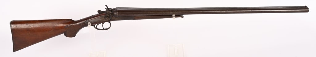 NEUMANN BROTHERS SIDE X SIDE SHOTGUN 12 GA.: SERIAL NUMBER: N.S.N. BARREL: 30" CALIBER: 12 GA. 2 1/2" CHAMBERS. FULL / MOD. CHOKES. MANUFACTURED: 1880 - 1890. Metal is haevy patina with Damascus barrels and bead sight. Engraved receiver and trig