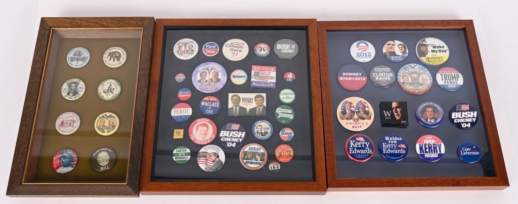 LOT OF USA POLITICAL REPRODUCTION BUTTONS: This is a framed and loose lot of reproduction USA political buttons.
