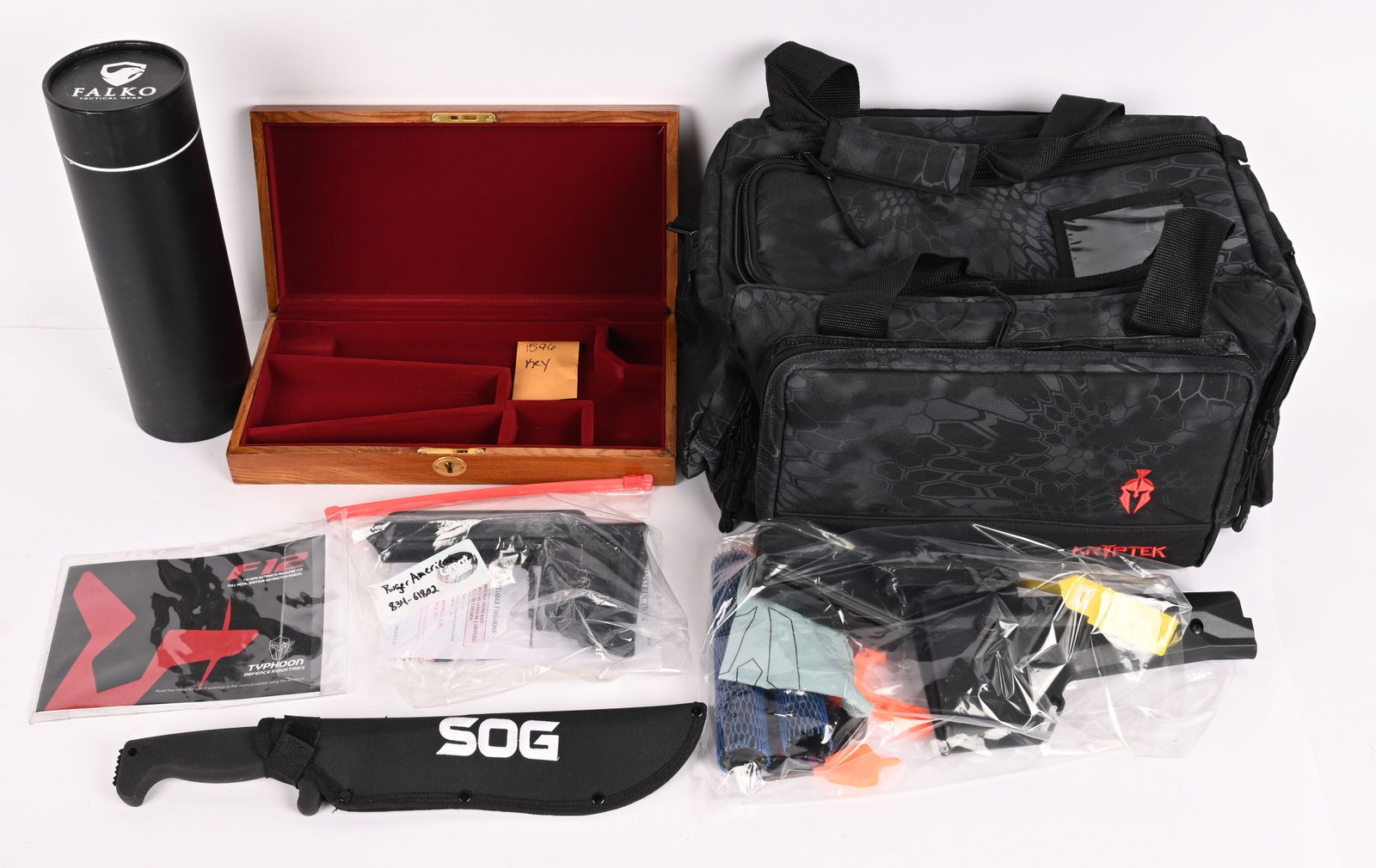 LOT OF RANGE GEAR, GUN PARTS & SOG CHOPPER: This lot contains: Typhoon 12 parts Ruger American replacement comb / stock Kryptek range bag 19"x14"x10" (LxWxH) SOG SOGFARI knife AR15 foam assembly work shop mat Wood revolver presentation case