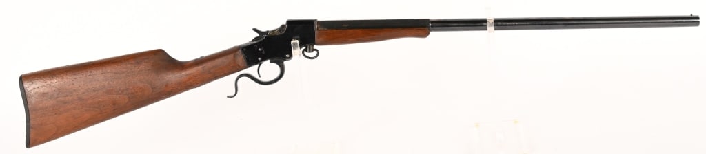 STEVENS A&T CO. FALLING BLOCK SINGLE SHOT RIFLE: SERIAL NUMBER: A3796. BARREL: 22". CALIBER: .32. This rifle features a blued finish, wood stocks, front bead sight, U notch integral on top of the receiver as a rear sight, saddle ring on underside