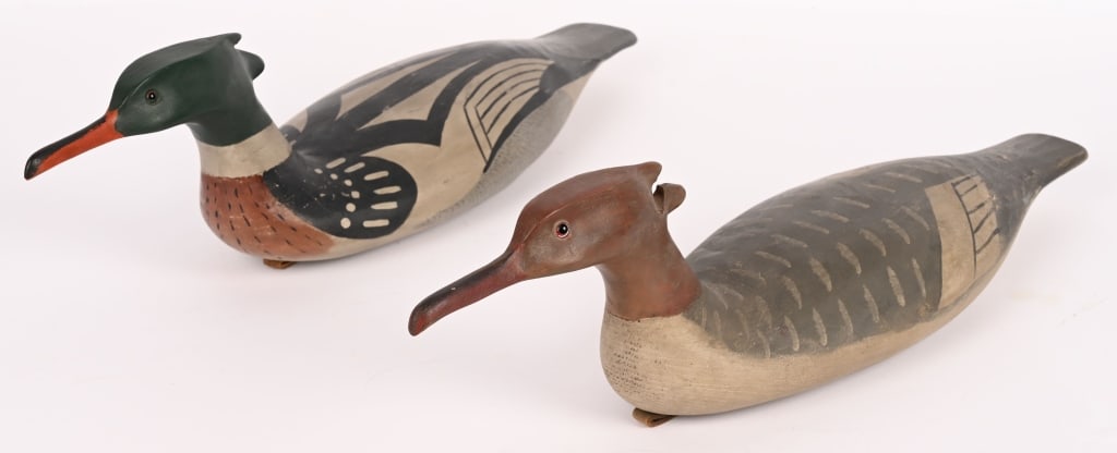 BOB BIDDLE MERGANSER HEN & DRAKE DECOY PAIR: Bob Biddle Merganser Hen and Drake Pair. Bob Biddle Merganser Decoy Signed on bottom ""Bob Biddle From My Personal Rig"". Weighted bottom marked ""RGB"" and leather loop. Excellent