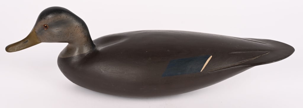 BLACK DUCK DRAKEN BY HURLEY CONKLIN: Hurley Conklin Black Duck Decoy, Manahawkin, NJ, Glass Eyes, Hollow Body, Excellent Original Paint, Branded H.C on Bottom, 18"L