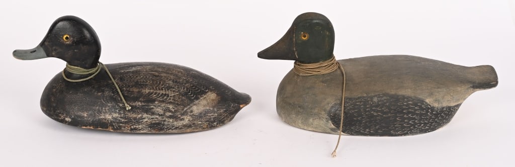 2- GLASS EYE DUCK DECOYS: Lot includes: 12" Blue Bill Darke marked J S Jackson. 2. 12" Goldeneye Duck decoy marked Robert E. Orser Trenton Ont 1936. Both Very Good-Excellent
