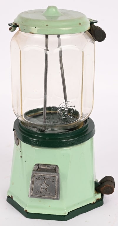 COLUMBUS MODEL 21 GUMBALL MACHINE: Nice porcelain and cast iron 1c Columbus Model 21 Gumball machine. Very clean original condition. 13 1/2" Excellent Provenance: Rick Frink Collection