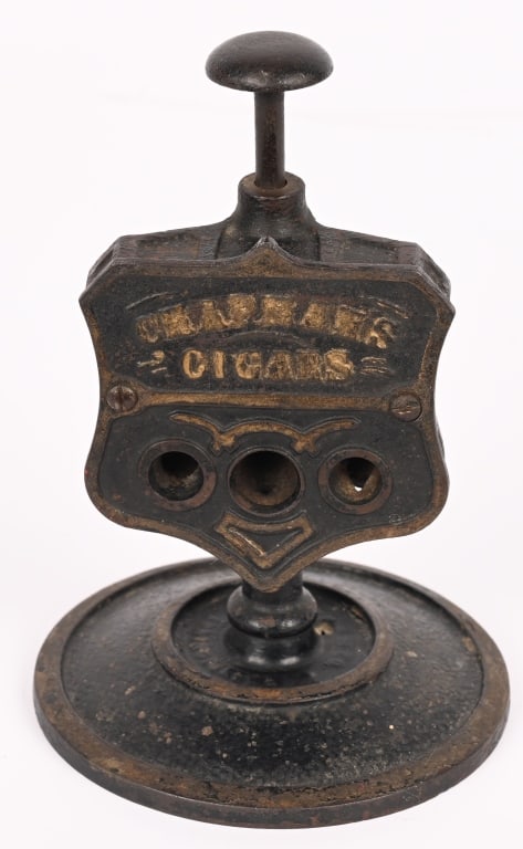 CHAPMAN'S COUNTERTOP CIGAR CUTTER: Original cast iron Chapman's countertop Cigar Cutter. All original in nice condition. Scarce piece. 7" Excellent Provenance: Rick Frink Collection