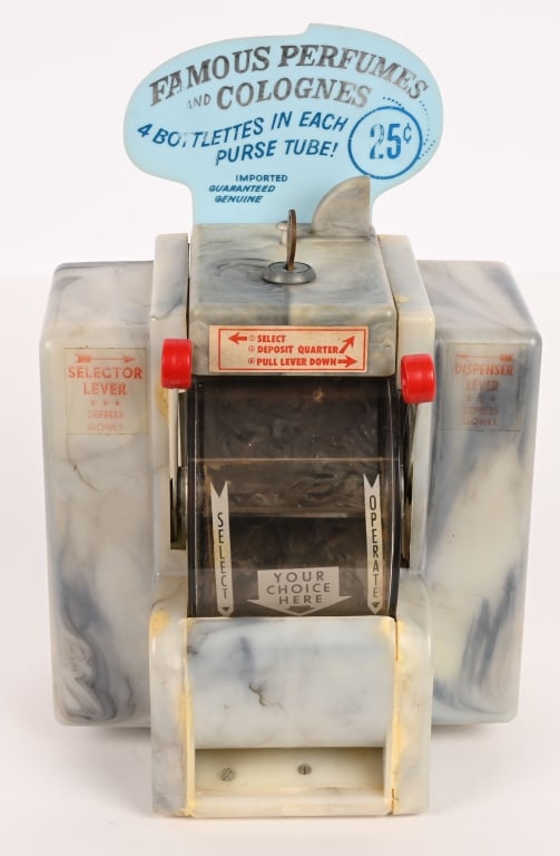 25c NAPKIN DISPENSER PERFUME VENDOR: Great looking catalin plastic 25c Famous Perfumes and Colognes Napkin Dispenser and Perfume Vendor. All original in great condition with marquee. Comes with key. 12"x8" Excellent Provenance: Rick
