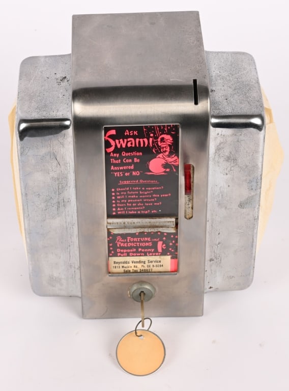 1c SWAMI FORTUNE TELLER NAPKIN DISPENSER: Nice clean 1c Swami Fortune Teller Napkin Dispenser. All original in great condition. With key. 9"x6" Excellent Provenance: Rick Frink Collection
