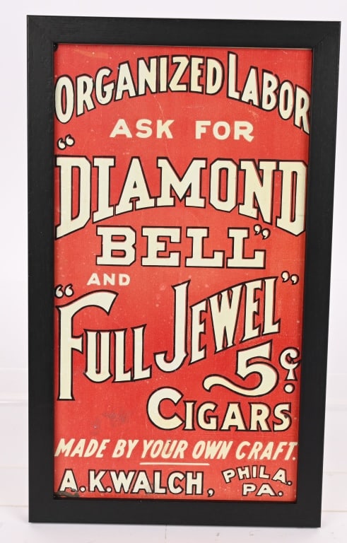 DIAMOND BELL AND FULL JEWEL 5c CIGARS TIN SIGN: SST Very clean Diamond Bell and Full Jewel 5c Cigars tin sign. Still has nice colors. Set into wood frame. 15"x9" Excellent