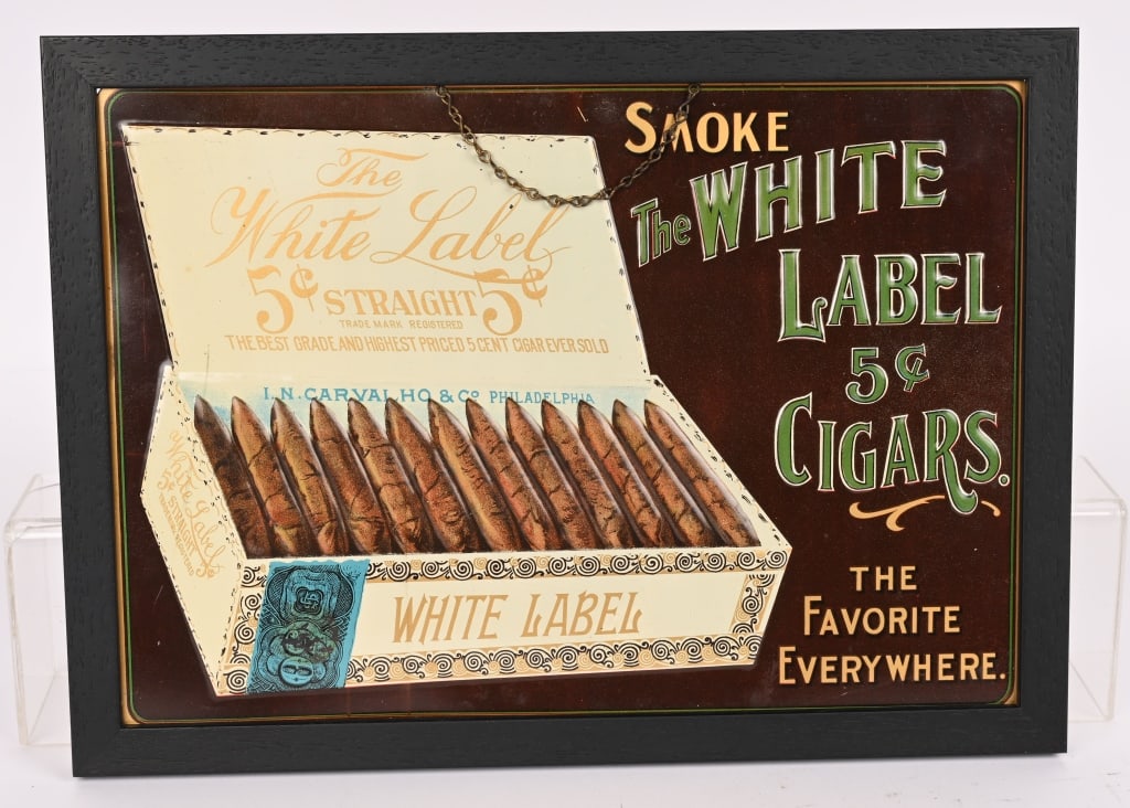 WHITE LABEL 5c CIGARS EMBOSSED TIN SIGN: SST Very nice White Label 5c Cigars embossed tin sign. Very nice condition with great colors and image. Still has hanger chain. Set in wood frame. 15"x11" Excellent