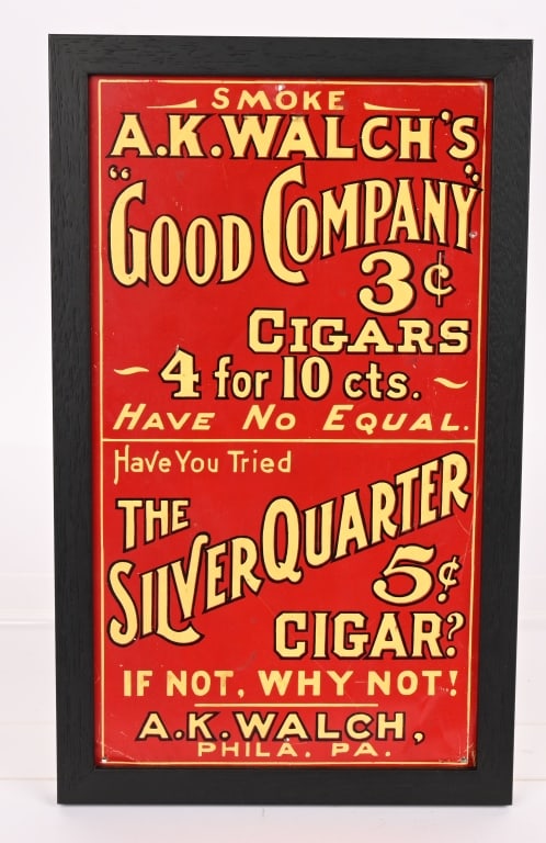 GOOD COMPANY AND SILVER QUARTER CIGARS TIN SIGN: SST Good Company and Silver Quarter Cigars tin sign. All original with nice colors. Set in wood frame 15"x9" Excellent