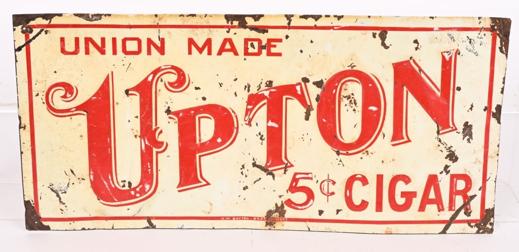 UPTON 5c CIGARS EMBOSSED TIN SIGN: SST Upton 5c Cigars embossed tin sign. All original with some bends and wear. 13 3/4"x6 1/2" Very Good