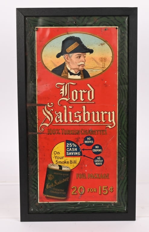 LORD SALISBURY TURKISH CIGARETTES TIN SIGN: SST Lord Salisbury Turkish Cigarettes tin sign. All original with nice colors and image. Has some wear. Displays well. Set in wood frame. 20"x11" Very Good