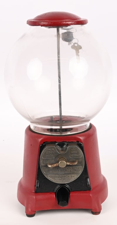 ADVANCED 1c GLOBE STYLE GUMBALL MACHINE: Advanced 1c Globe style Gumball. Nice condition with lock and key. Works. 14" Excellent Provenance: Rick Frink Collection