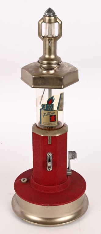 1c COIN OP COUNTERTOP LIGHTER FLUID DISPENSER: Very nice original 1c Countertop Lighter Fluid Dispenser. Very clean condition. Has original decals on glass. Very nice piece. 20" Excellent Provenance: Rick Frink Collection