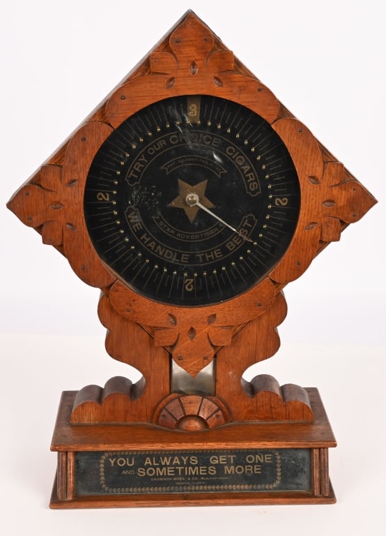 DROBISCH BROS. STAR ADVERTISER TRADE STIMULATOR: Very nice original Drobisch Bros. Star Advertiser Trade Stimulator. All original with oak case with glass. Works. Great looking piece. 19" Excellent Provenance: Rick Frink Collection