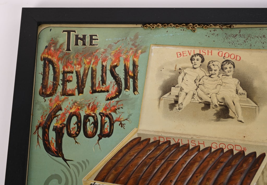 DEVILISH GOOD 5c CIGARS EMBOSSED TIN SIGN - 2