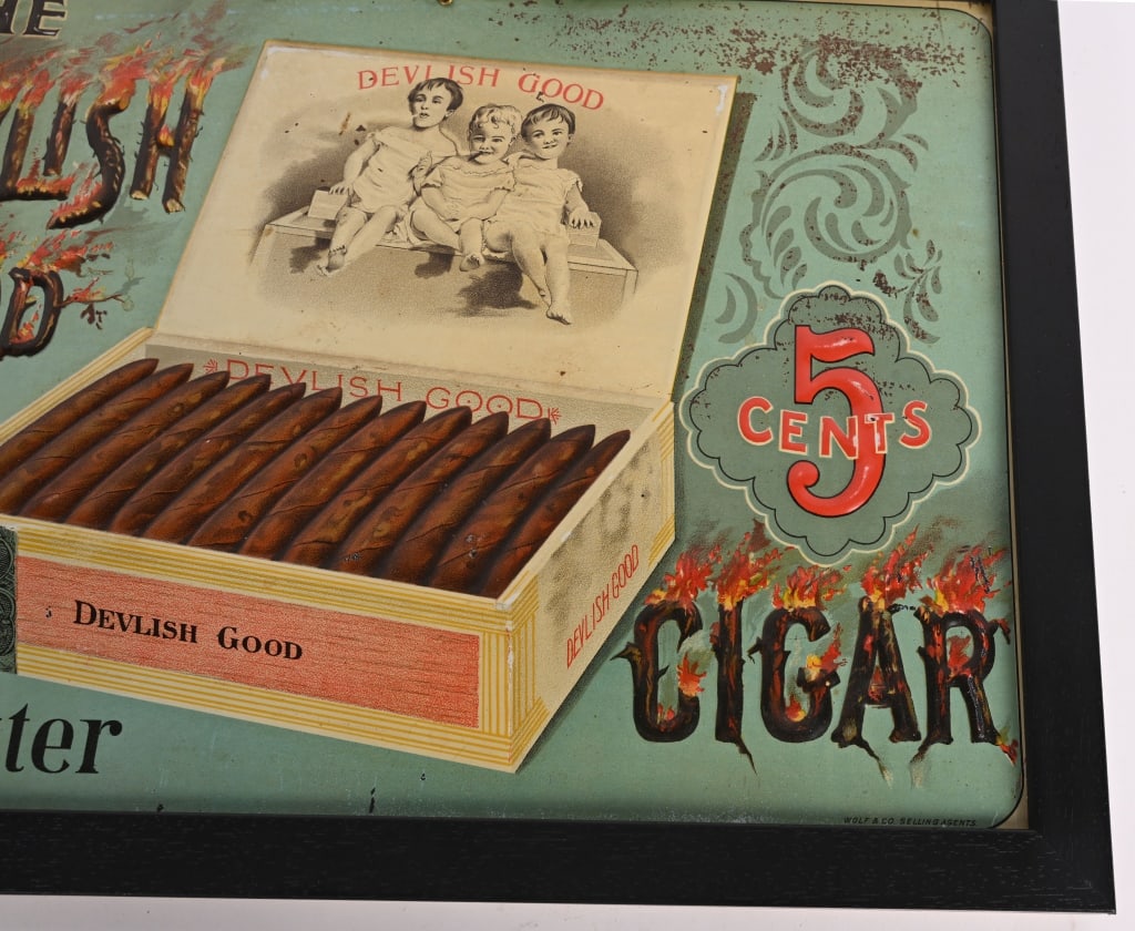DEVILISH GOOD 5c CIGARS EMBOSSED TIN SIGN - 4