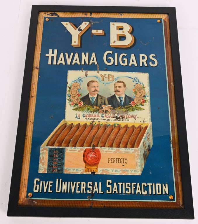 Y-B HAVANA CIGARS EMBOSSED TIN SIGN: SST Nice Y-B Havana Cigars embossed tin sign. Very nice colors and graphics. Has a few spot of loss near top. Set in wood frame. 20 1/2"x14 1/2" Excellent