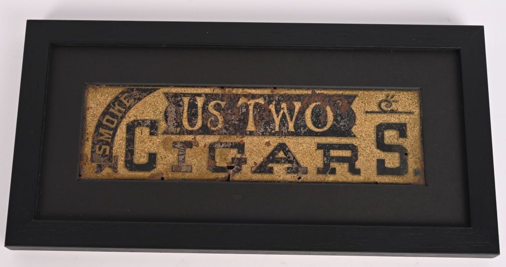 US TWO CIGARS TIN SIGN: SST Unusual US Two Cigars tin sign. Has great looking gold glitter finish. All original. set in wood frame. 13 1/2"x7" Very Good-Excellent