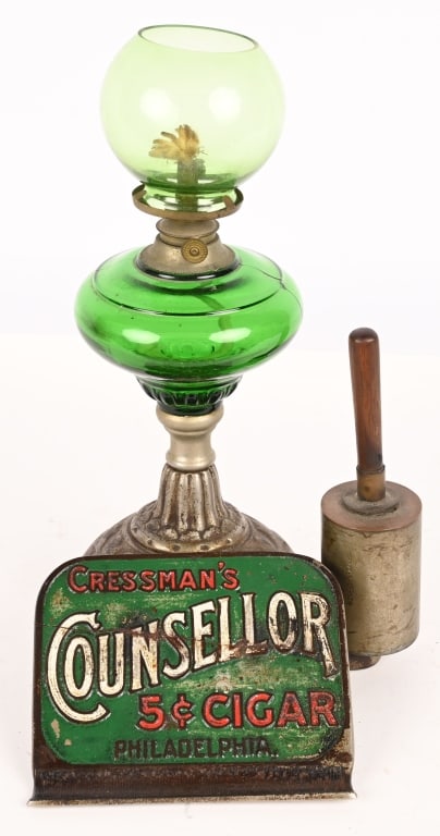 CRESSMAN'S COUNSELLOR 5c CIGAR LIGHTER & LAMP: Original Cressman's Counsellor 5c Cigar Light and Lamp. Very ornate with cast iron advertising plaque that is cracked but stable and displays well. 13" Very Good