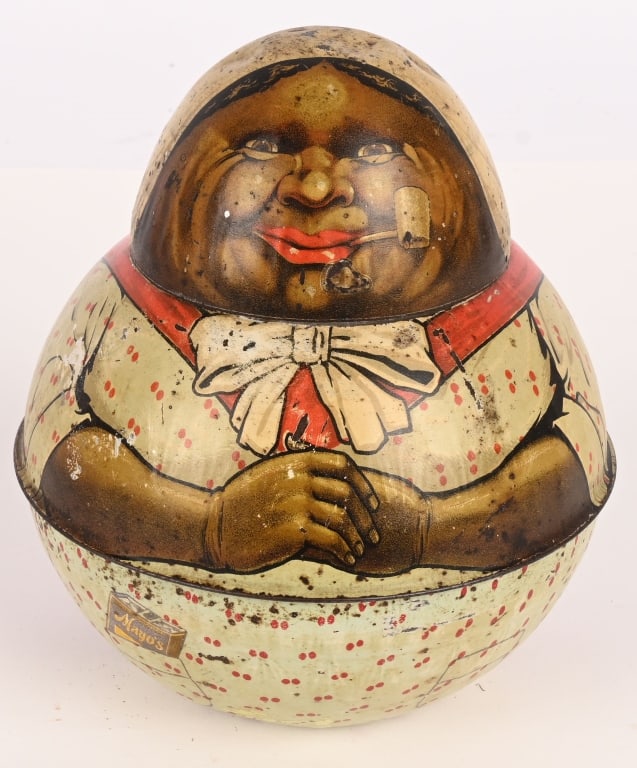 MAYO'S CUT PLUG TOBACCO MAMMY FIGURAL TIN: Scarce original roly poly tin from the Brownie series produced by Mayo's Cut Plug. Nice colors and graphics. About 7" high. Has general wear. Very Good-Excellent