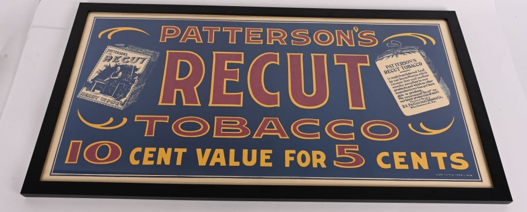 PATTERSON'S RECUT TOBACCO SIGN: Very nice looking paper litho Patterson's Recut Tobacco Sign. All original with nice colors. Marked Glove SEP Co Akron, O 9496 along bottom edge. Professionally framed. 38"x20" Excellent