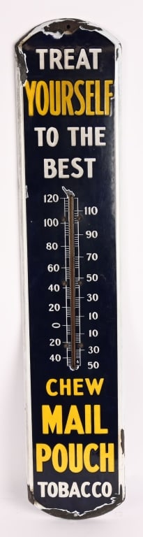CHEW MAIL POUCH TOBACCO PORCELAIN THERMOMETER: Nice original Chew Mail Pouch Tobacco porcelain Thermometer. All original with nice colors. Still has glass thermometer. Has some loss on edges. 38" Excellent
