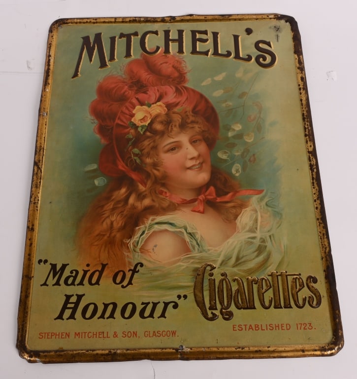 MITCHELL'S CIGARETTES EMBOSSED TIN SIGN: SST Beautiful Mitchell's Cigarettes self framed embossed tin sign. Wonderful image with very nice colors. Has some edge wear. Sign displays beautiful. 25"x19" Excellent