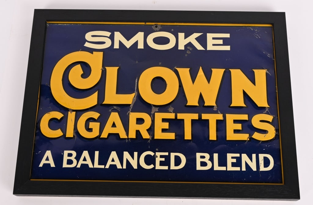 SMOKE CLOWN CIGARETTES EMBOSSED TIN SIGN: SST Very clean Smoke Clown Cigarettes embossed tin sign. All original with great colors. Set in wood frame. 15"x11" Excellent