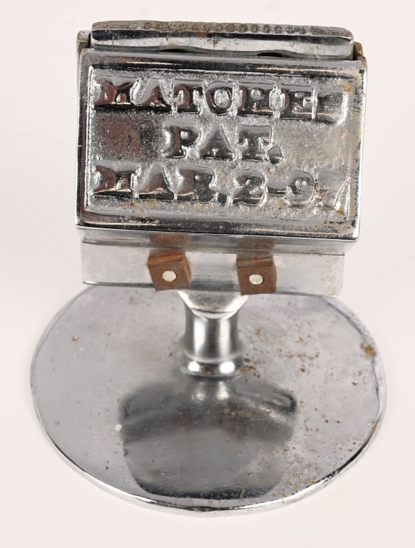 CAST IRON MATCH HOLDER: Cast Iron Match Holder. Lift to dispense match. Has chrome finish. 4 3/4" Excellent Provenance: Rick Frink Collection