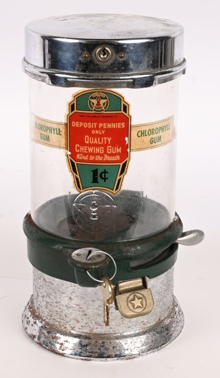 1c COLUMBUS GUMBALL MACHINE: Original 1c Columbus Gumball machine. Decent condition. Still has key. 11 1/2" Very Good-Excellent Provenance: Rick Frink Collection