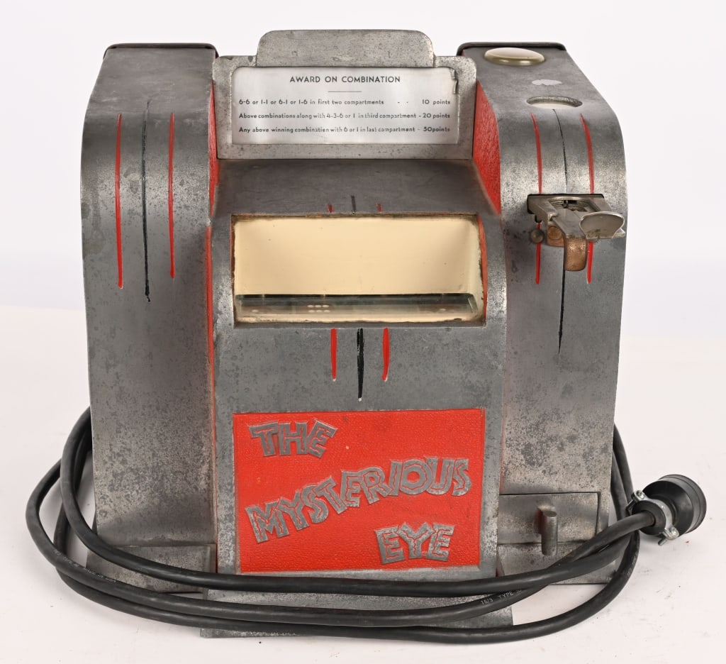 5c WESTERN EQUP. THE MYSTERIOUS EYE DICE GAME: Wonderful 5c Western Equipment The Mysterious Eye Dice Game. Circa 1933. Electric machine that all original and in nice shape. Worked when tested. 12" Very Good-Excellent Provenance: Rick Frink
