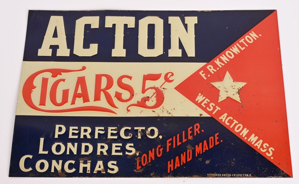 5c ACTION CIGARS EMBOSSED TIN SIGN: SST 5c Action Cigars embossed tin Sign. All original with nice colors. Has some lite wear. 13 3/4"x9 3/4" Excellent