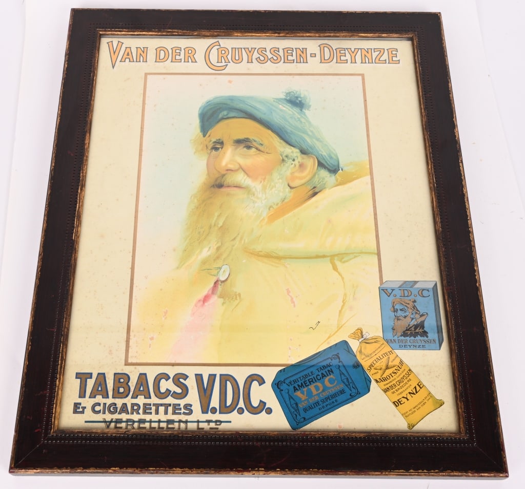VAN DER CRUYSSEN-DEYNZE TOBACCO CARDBOARD SIGN: Nice original Van Der Cruyssen-Deynze Tobacco cardboard Sign. Great image and colors. Professionally framed in vintage looking frame. 23"x19" Excellent