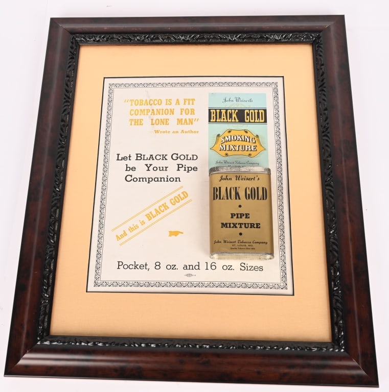 BLACK GOLD TOBACCO TIN SIGN: Nice Black Gold Tobacco Tin Sign. Cardboard sign with actual Tobacco Tin attached. Nice colors. Set in frame. 19"x16" Excellent