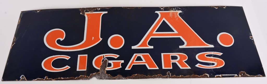 J.A. CIGAR PORCELAIN SIGN: SSP J.A. Cigar single sided porcelain Sign. All original with good colors. Has loss around edges. 36"x12" Very Good