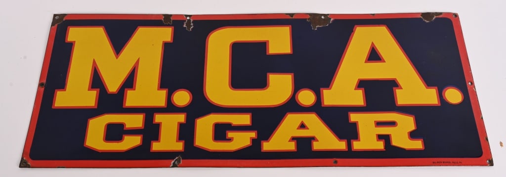 M.C.A. CIGAR PORCELAIN SIGN: SSP M.C.A. Cigar single sided porcelain Sign/ All original with great colors. Very nice shape just few spots near mount holes. Marked ING-RICH Beaver Falls Pa along bottom. 30"x12" Excellent