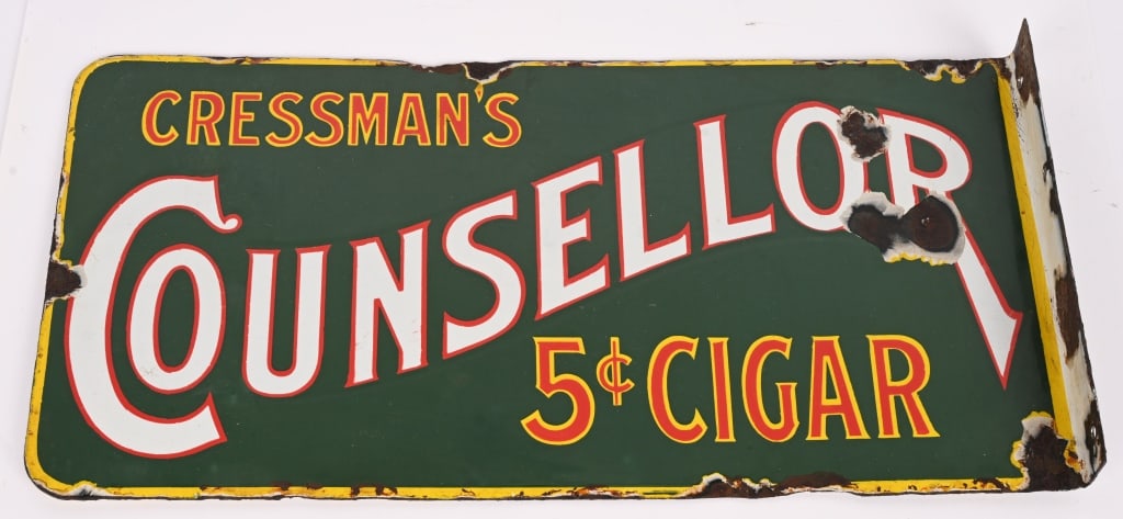 COUNSELLOR CIGAR PORCELAIN FLANGE SIGN: DSP Counsellor Cigar double sided porcelain flange Sign. All original with nice colors. Both sides equal condition. Has some loss mostly on flange. 20"x10" Excellent