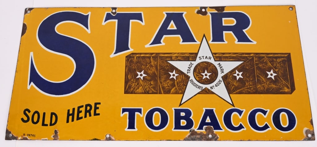 STAR TOBACCO PORCELAIN SIGN: SSP Star Tobacco single sided porcelain Sign. All original with nice colors. Some loss near mount holes. Marked D 25745 along bottom edge. 24"x12" Excellent