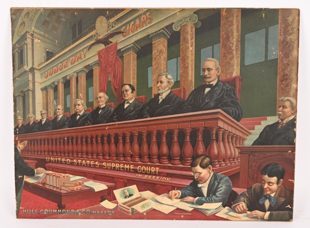 HULL GRUMMOND CIGARS US SUPREME COURT SIGN: Hull Grummond & Co Cigards cardboard advertising sign. Greta image of United States Supreme Court. Nice colors. Has some edge wear from frame. 20"x15" Excellent