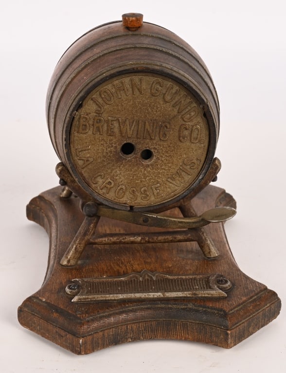 JOHNNY GUND BREWING BARREL CIGAR CUTTER: Very nice Johnny Gund Brewing adverting barrel Cigar Cutter. Wood and metal. All original in great shape. 9" Excellent Provenance: Rick Frink Collection