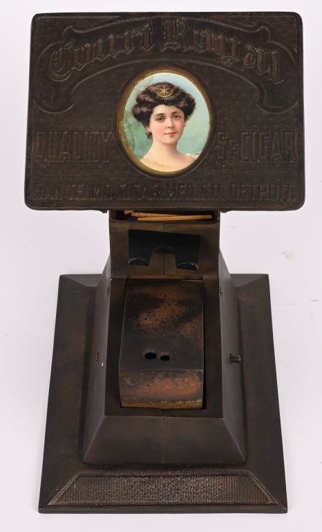 COURT ROYAL ADVERTISING CIGAR CUTTER: Very nice cast iron Court Royal Advertising Cigar Cutter. All original with nice finish and image. 8" Excellent Provenance: Rick Frink Collection