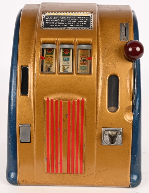1c GROETCHEN CHAMPION TRADE STIMULATOR: Very clean 1c Groetchen Champion Trade Stimulator. All original in great shape. Has cigarette packs on reels. Works With key. 12" Excellent Provenance: Rick Frink Collection