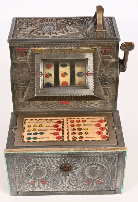 5c MILLS THE PURITAN BELL TRADE STIMULATOR: Nice 5c Mills The Puritan Bell Trade Stimulator. All original Slot machine style machine. Worked when tested. 10 1/2" Excellent Provenance: Rick Frink Collection