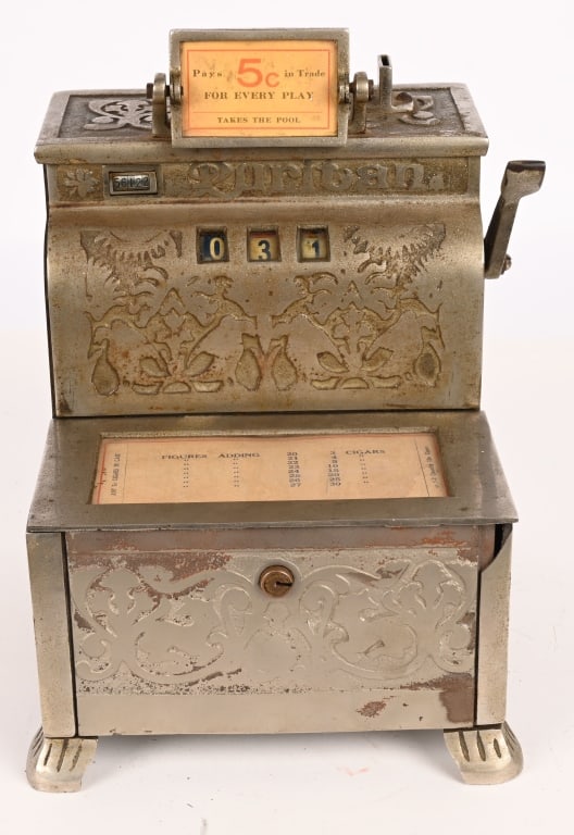 5c PURITAN MACHINE TRADE STIMULATOR: Nice 5c Puritan Machine Trade Stimulator. All original with numbered reels. Worked when tested. With key. Circa 1904-05. 11" Excellent Provenance: Rick Frink Collection