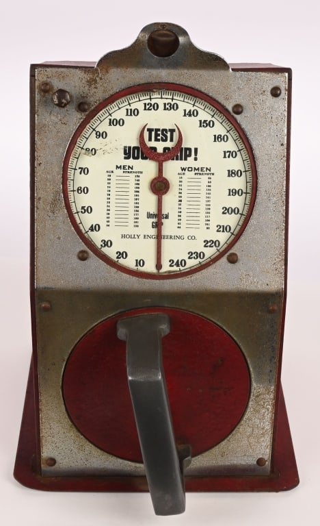 1c UNIVERSAL ENGINEERING TEST YOUR GRIP MACHINE: Nice 1c Universal Engineering Test Your Grip Machine. All original and works. Comes with key. 14" Excellent Provenance: Rick Frink Collection