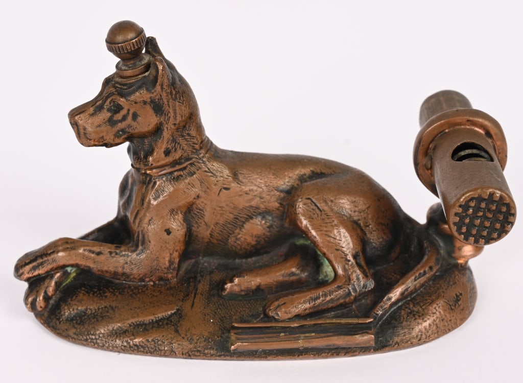 BRASS FIGURAL DOG CIGAR CUTTER: Wonderful brass Figural Dog Cigar Cutter. All original with striker. 4" Excellent Provenance: Rick Frink Collection