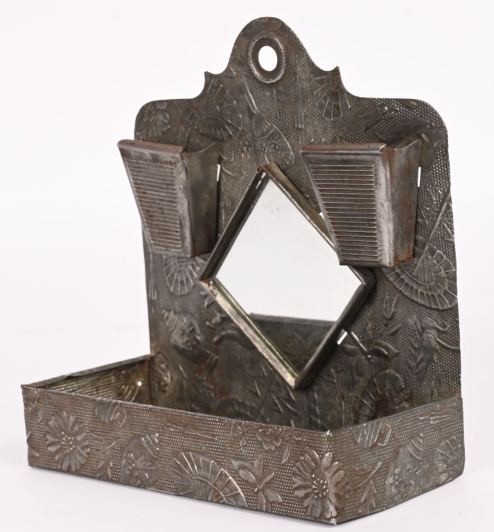 HAMMERED TIN MATCHSTICK HOLDER w/ MIRROR: Very nice early Hammered Tin Matchstick Holder with Mirror. Very nice condition. Has great details. 7"x7" Excellent Provenance: Rick Frink Collection