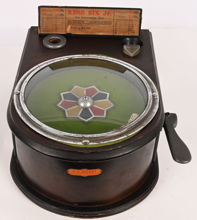 5c BA WHITEY KING SIX JR DICE TRADE STIMULATOR: Very nice 5c BA Whitey King Six Jr Dice Trade Stimulator. All original and in great shape. Very nice design. Worked when tested. With key. 18" Excellent Provenance: Rick Frink Collection